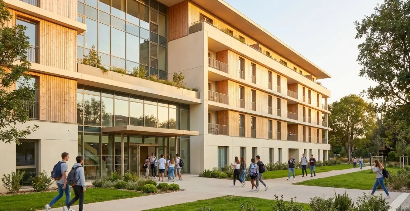 Façade moderne d'une résidence étudiante avec entrée lumineuse et espaces verts