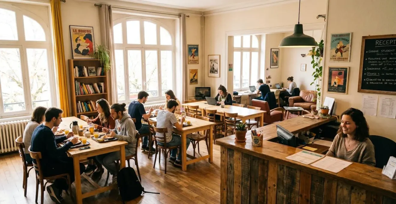 Espace commun d'une résidence étudiante avec comptoir d'accueil, espace repas et zone de travail partagée